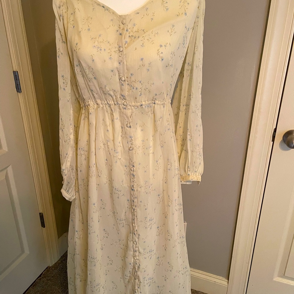🌼 Oak + Fort NWT Yellow Floral Dress - Sheer Sleeves, Size Large